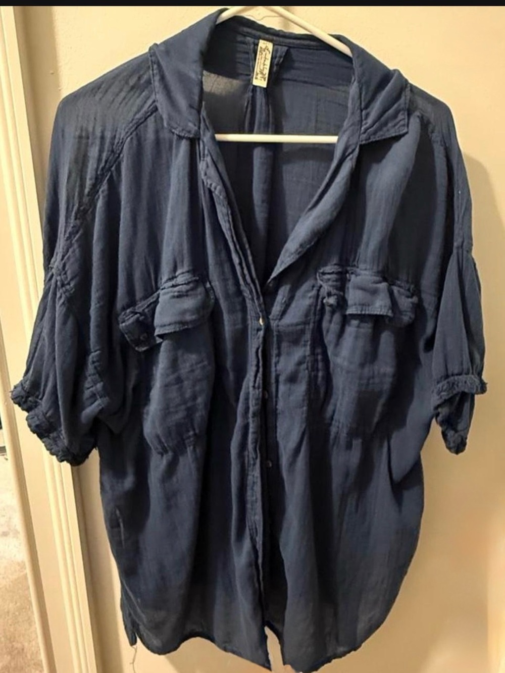 Free People Navy Blue Button-Front Women's Shirt